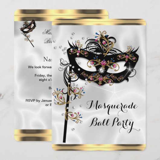Gold Black White Masquerade Ball Party Masker Kaart (Voorkant / Achterkant)