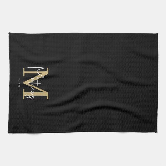 Gold Black White Monogram Familienaam Theedoek (Horizontaal)