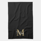Gold Black White Monogram Familienaam Theedoek (Verticaal)