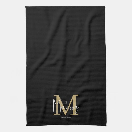 Gold Black White Monogram Familienaam Theedoek (Verticaal)