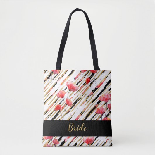 *~* Gold Black White Red Poppy Pattern Tote Bag (Voorkant)