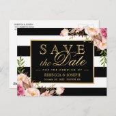 Gold Black White Stripes Floral Save the Date Briefkaart (Voorkant / Achterkant)