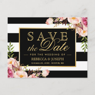 Gold Black White Stripes Floral Save the Date Briefkaart