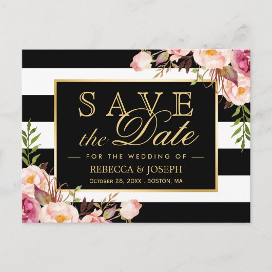 Gold Black White Stripes Floral Save the Date Briefkaart (Voorkant)