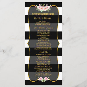 Gold Black White Stripes Flowers Wedding Program Programmakaart