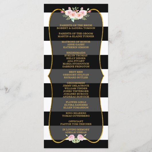 Gold Black White Stripes Flowers Wedding Program Programmakaart (Achterkant)