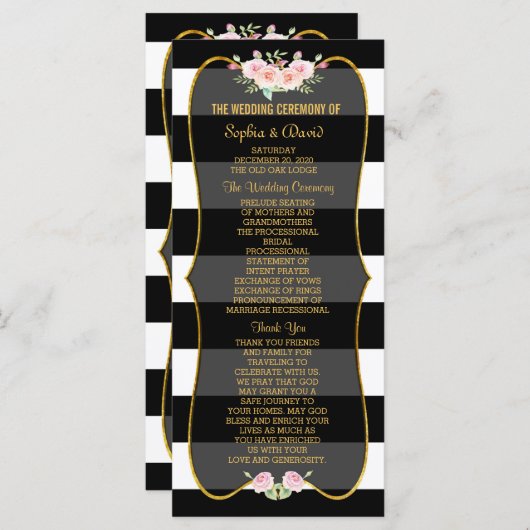 Gold Black White Stripes Flowers Wedding Program Programmakaart (Voorkant / Achterkant)