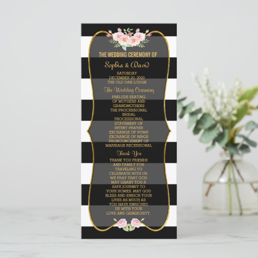 Gold Black White Stripes Flowers Wedding Program Programmakaart (Staand voorkant)