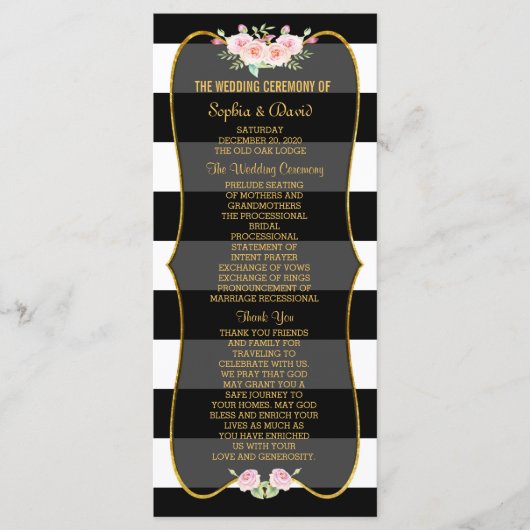 Gold Black White Stripes Flowers Wedding Program Programmakaart (Voorkant)