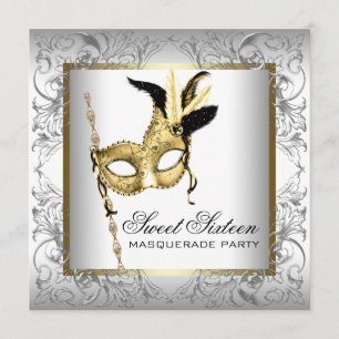 Gold Black White Sweet Sixteen Masquerade Party Kaart