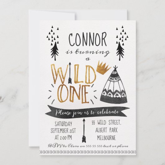 Gold Black Wild One Boys 1e verjaardag Uitnodiging (Voorkant)