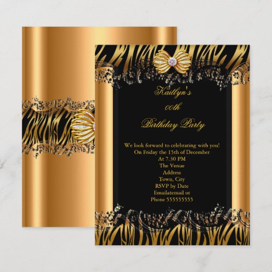 Gold Black Zebra Elegant Birthday Party Kaart (Voorkant / Achterkant)
