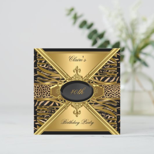 Gold Black Zebra Leopard 40th Birthday Party Kaart (Staand voorkant)