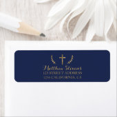 Gold-bladeren bevestigen navy blauw script label (Insitu)