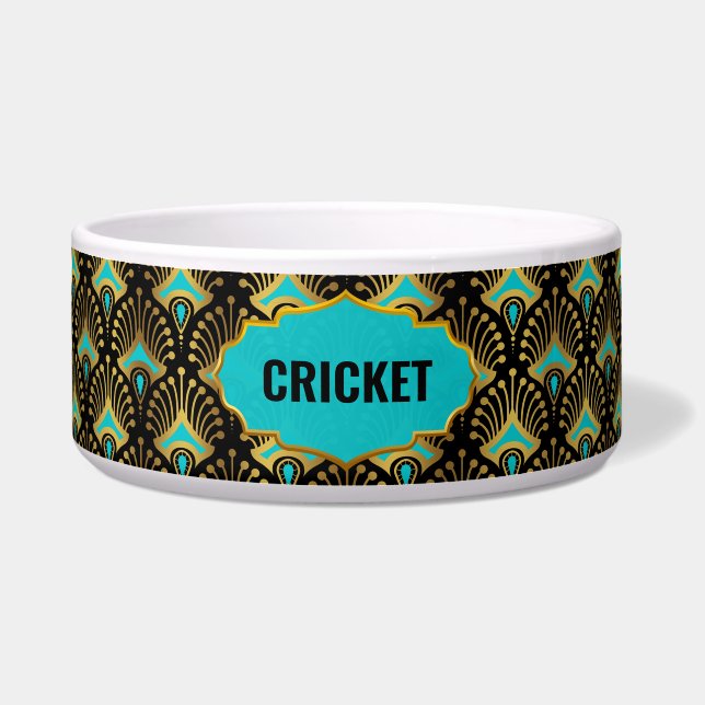 Gold-, blauw- en zwart Deco-patroon, aangepaste na Voerbakje (Voorkant)