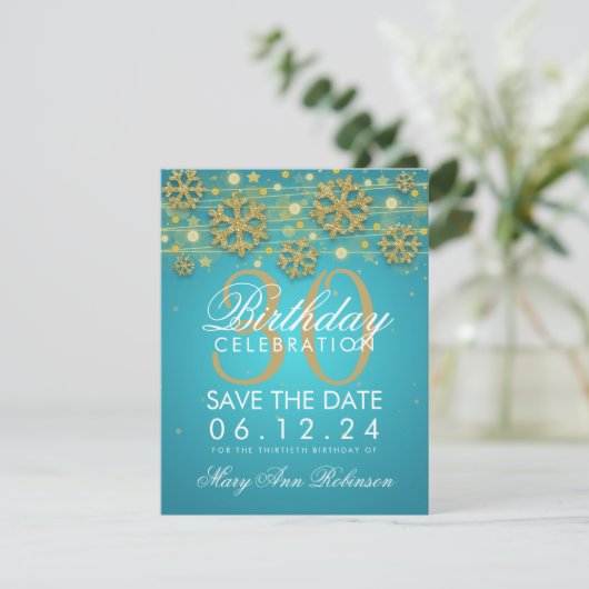 Gold Blauwgroen 30th Birthday Save Date Winter Save The Date (Staand voorkant)