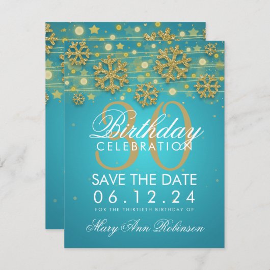 Gold Blauwgroen 30th Birthday Save Date Winter Save The Date (Voorkant / Achterkant)