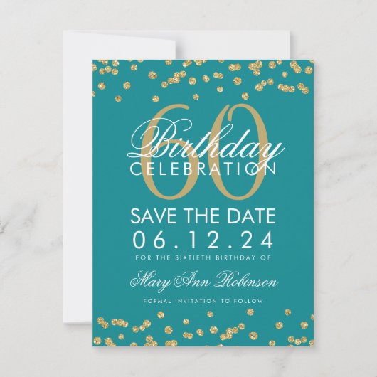 Gold Blauwgroen 60th Birthday Save Date Confetti Save The Date (Voorkant)