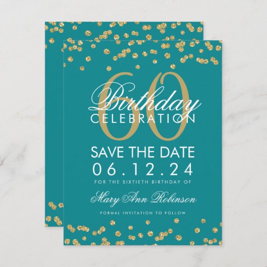 Gold Blauwgroen 60th Birthday Save Date Confetti Save The Date (Voorkant / Achterkant)
