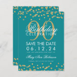 Gold Blauwgroen 90th Birthday Save Date Confetti Kaart<br><div class="desc">Het elegante "90th Birthday Party"-ontwerp met Gold Faux Glitter Confetti Blauwgroen en op maat gesneden tekst en details. Eenvoudig te gebruiken en eenvoudig aan te passen. Bestel vandaag nog!</div>