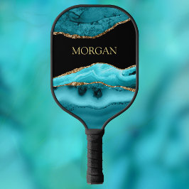Gold & Blauwgroen Agate, Gold Name op Black Pickleball Paddle