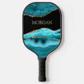 Gold & Blauwgroen Agate, Gold Name op Black Pickleball Paddle (Voorkant)