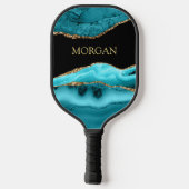 Gold & Blauwgroen Agate, Gold Name op Black Pickleball Paddle (Achterkant)