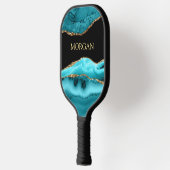Gold & Blauwgroen Agate, Gold Name op Black Pickleball Paddle (Links)