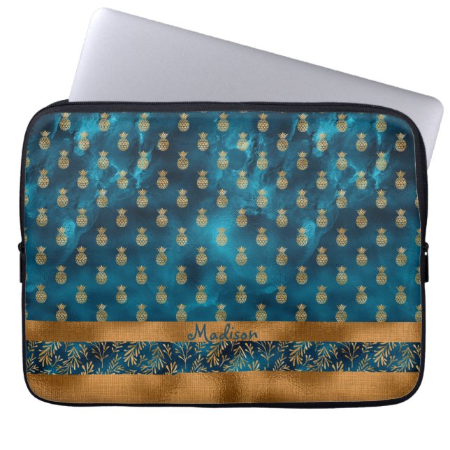 Gold Blauwgroen anananas Floral Elegant Name Laptop Sleeve (Voorkant)