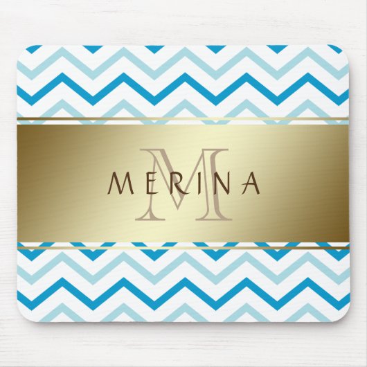 Gold Blauwgroen Beach Chevron Pattern Monogram Muismat (Voorkant)