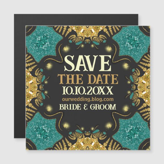 Gold Blauwgroen Black Funky Tribal Save the Date (Voorkant / Achterkant)