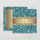 Gold Blauwgroen Blue Birthday Party-uitnodigingen Kaart (Voorkant / Achterkant)