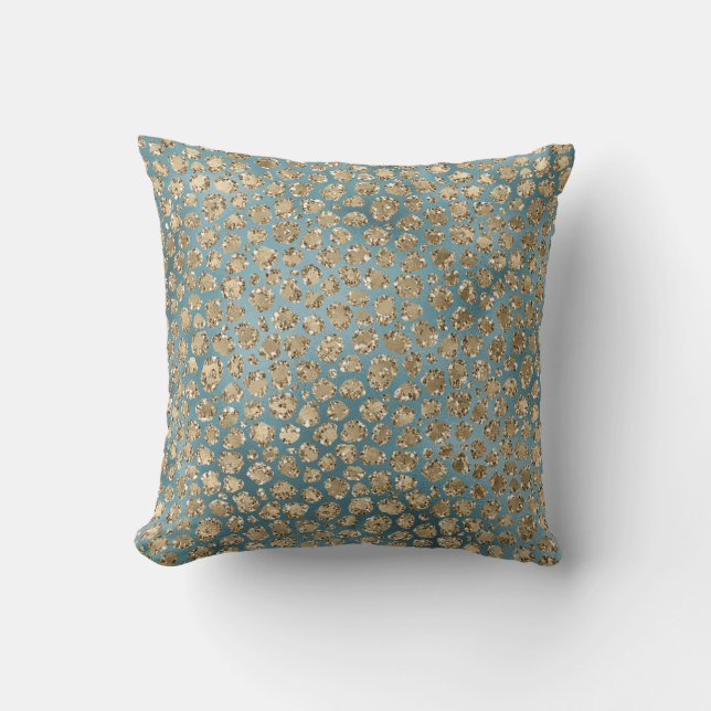Gold Blauwgroen Blue Glitzy Leopard Print        Kussen (Voorkant)