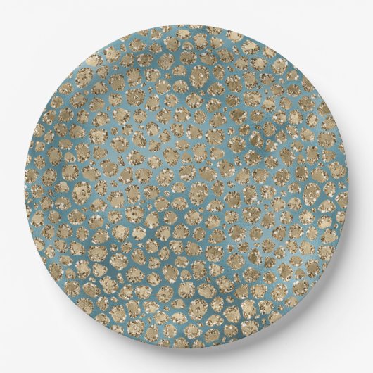 Gold Blauwgroen Blue Glitzy Leopard Print Papieren Bordje (Voorkant)