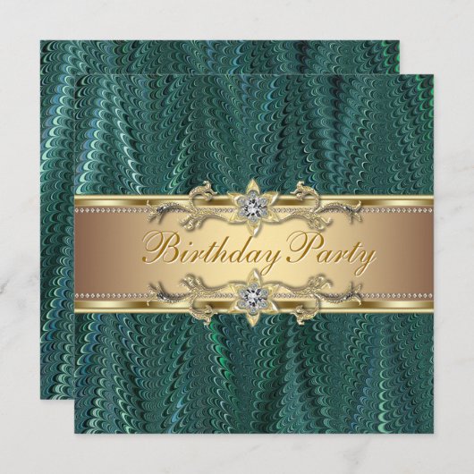 Gold Blauwgroen Blue Green Birthday Party-uitnodig Kaart (Voorkant / Achterkant)