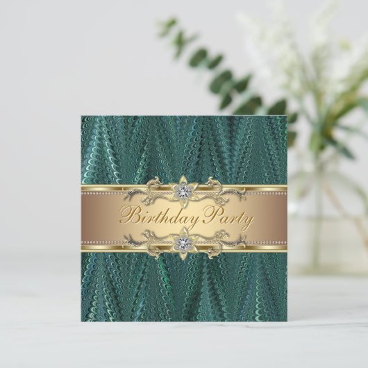 Gold Blauwgroen Blue Green Birthday Party-uitnodig Kaart (Staand voorkant)