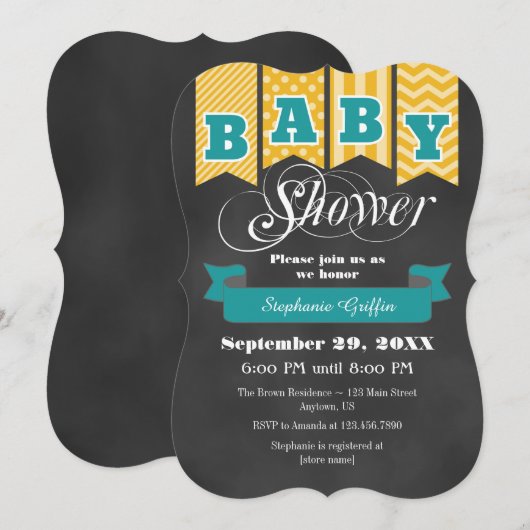 Gold Blauwgroen Chalkboard Vlag Baby shower Uitnod Kaart (Voorkant / Achterkant)