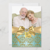 Gold Blauwgroen Damask & Bow Photo 50e Jubileum Kaart (Voorkant)