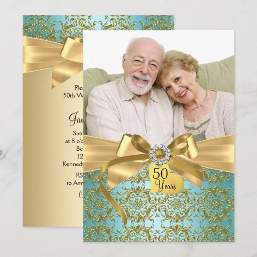 Gold Blauwgroen Damask & Bow Photo 50e Jubileum Kaart (Voorkant / Achterkant)
