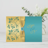 Gold, Blauwgroen Floral Monogram Weddenschap Kaart (Staand voorkant)