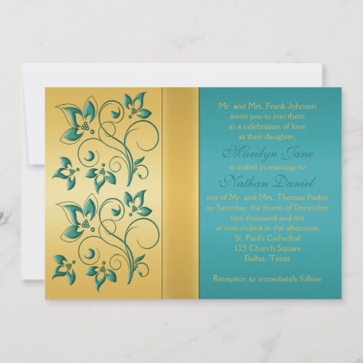 Gold, Blauwgroen Floral Monogram Weddenschap Kaart (Achterkant)