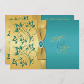 Gold, Blauwgroen Floral Monogram Weddenschap Kaart (Voorkant / Achterkant)