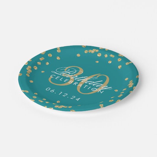 Gold Blauwgroen Glitter Confetti 30th Birthday Papieren Bordje (Gekanteld)