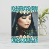 Gold Blauwgroen Glitter & Jewel Bow Quinceanera Kaart (Staand voorkant)