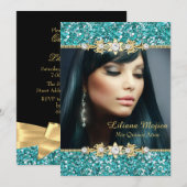 Gold Blauwgroen Glitter & Jewel Bow Quinceanera Kaart (Voorkant / Achterkant)