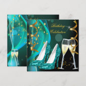 Gold Blauwgroen Glitter Shoes Champagne Birthday P Kaart (Voorkant / Achterkant)