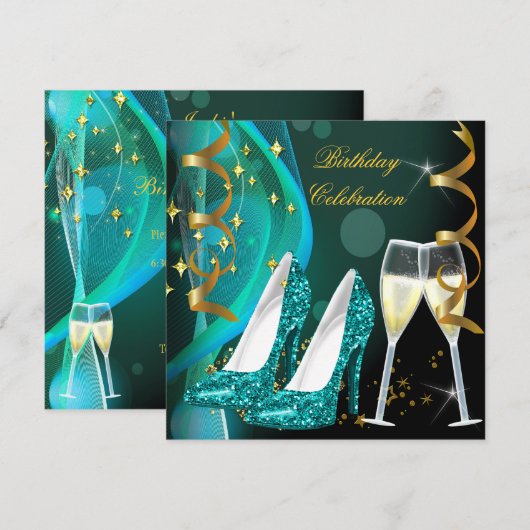 Gold Blauwgroen Glitter Shoes Champagne Birthday P Kaart (Voorkant / Achterkant)