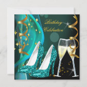 Gold Blauwgroen Glitter Shoes Champagne Birthday P Kaart (Voorkant)
