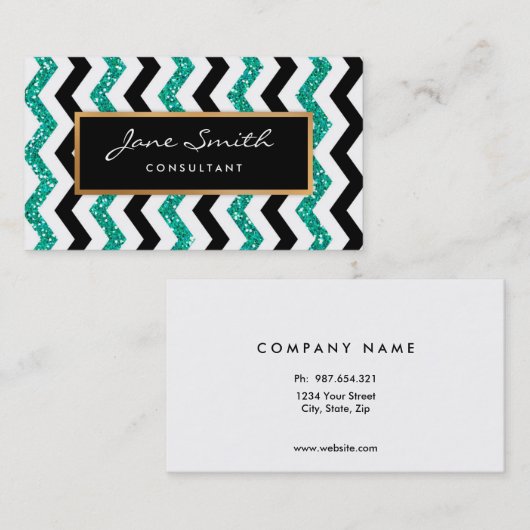 Gold, Blauwgroen glitter, zwart-wit Chevron Patter Visitekaartje (Voorkant / Achterkant)