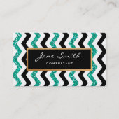 Gold, Blauwgroen glitter, zwart-wit Chevron Patter Visitekaartje (Voorkant)